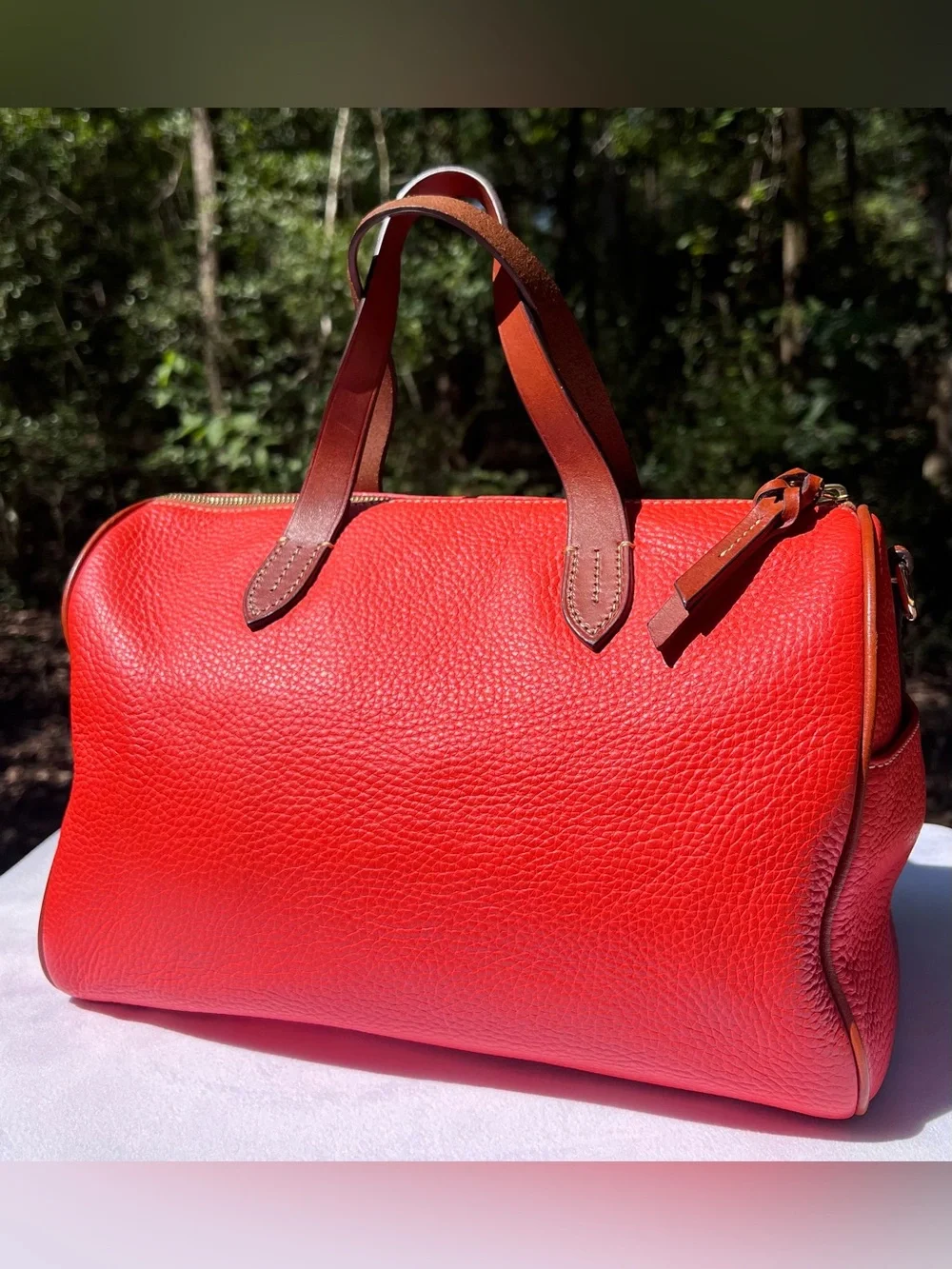 Orange Dooney & Bourke Pebbled Leather Satchel with Brown Trim